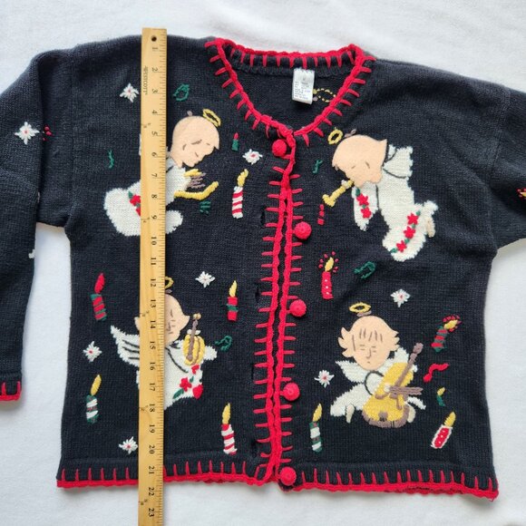 Vintage Angel Christmas Cardigan Sweater Black Red Winter Holiday Party Grandma - Picture 10 of 10